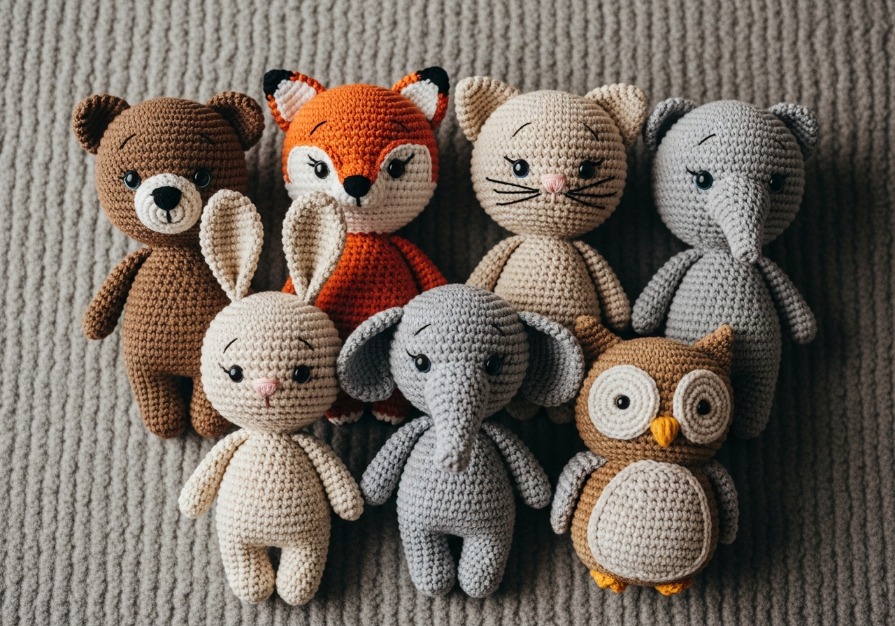 Коллекция связанных амигуруми разных видов